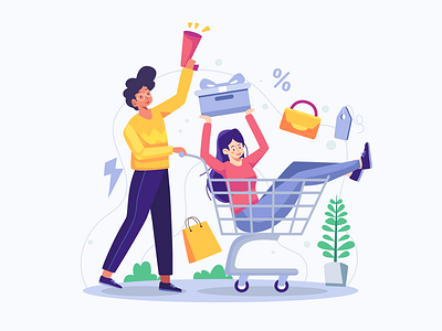 Men Are Shoving Women In Trolleys Shopping Flat Illustration