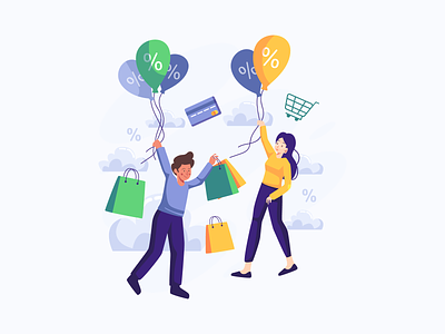 Couple Flying With Big Sale Balloons Flat Illustration branding buy buyer consumer design discount flat header illustration illustration marketing offer promotion purchase sale shop shopper shopping ui ui design web