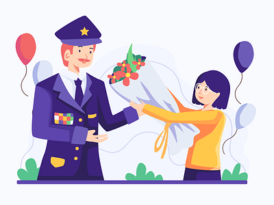 Girl Give Flowers To a Veteran on Veterans Day Flat Illustration