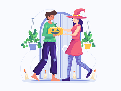 Men Giving Pumpkin Gifts to Women on Halloween Flat Illustration