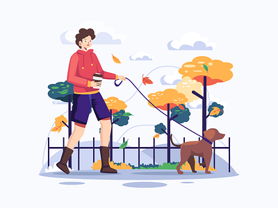 Man Walking with Dog at Park in Autumn Flat Illustration