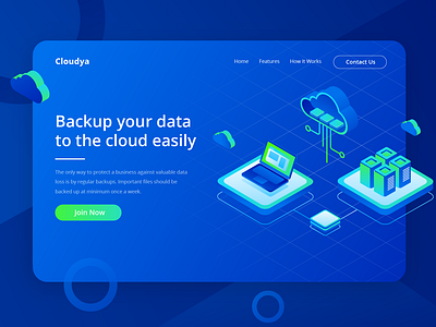 Cloudya - Backup Your Data to The Cloud Easily blue cloud computer computing data header illustration illustration isometric networking server ui vector web website