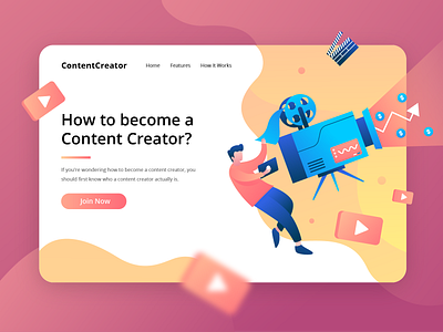 ContentCreator - How to Become a Content Creator? camera character flat header illustration illustration orange recording revenue salary ui vector video web website