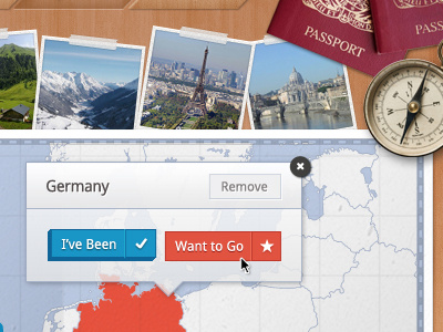 Travel App Buttons box button clean europe facebook hover light map navigation pop up simple travel ui user interface web app web design website