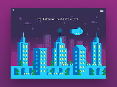 Real Estate / Card blimp city cityscape flat illo illustration landing page marketing marketing site night web web design