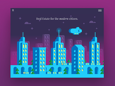 Real Estate / Card blimp city cityscape flat illo illustration landing page marketing marketing site night web web design