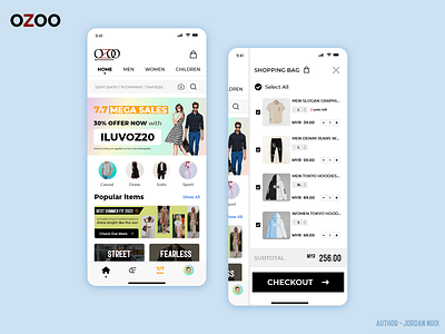 OZOO - Fashion Shopping App app bottom navigation branding cart design fashion home mobile shopping side navigation ui ux