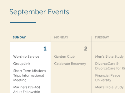 September Events blue calendar museo tan typography ui web