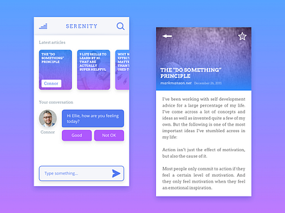 Serenity main screen and article reading app article chat main screen reading therapist ui ux