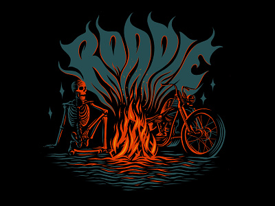 Roadie Brand Apparel Design apparel design branding chopper custom type fire groovy handlettering illustration logo logo design motorcycle motorcycle art shirt design skeleton skull