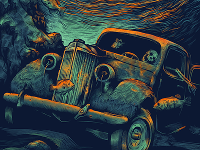 Poster Design WIP car fish ford illustration poster design rust rusty skeleton skull under water vintage car water