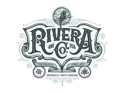 Rivera and Co. Logo Design badgedesign bird bird icon circle company crest engraving handlettering scratchboard victorian