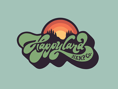 Happyland Hemp Farm Logo Design 70s hemp hippie marijuana mountains script lettering sunset