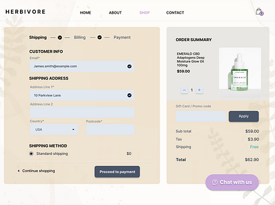 Herbivore Checkout Page (Shipping) Daily UI #002 beauty brand checkout page concept webpage daily ui dailyui002 figma herbivore botanicals natural beauty products shipping page ui ui design uxui visual design web design webpage design webpage layout wireframe