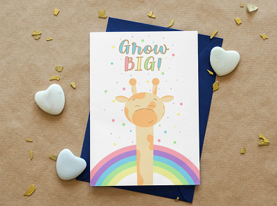 Birthday card: Grow Big! For children card children congratulations design giraffe illustration kid postcard text vector