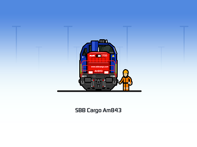 SBB Cargo Am843 blue illustration locomotive rail railway red train yellow