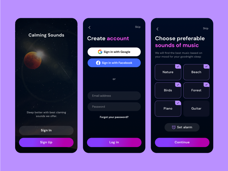 Calming Sounds Mobile App UI screens 1 by V Sai Krishna on Dribbble