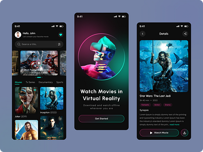 Movie Streaming Mobile Apps apps design booking app cinema clean dark mode film ios app minimal movie app movie booking app movies netflix online streaming streaming app theater ui design ui kit uxui design watching