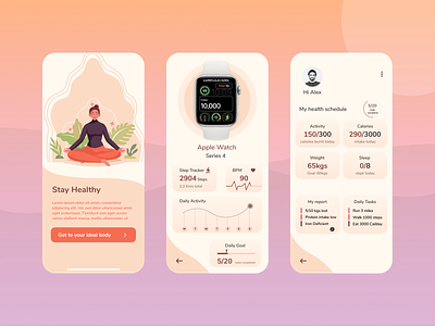 Health Tracker App 3d app branding design fitness health illustration iwatch meditaion mobile tracker typography ui ux vector  watch