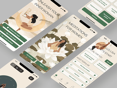 Maditations App for women app design illustration meditation mobile typography ui ux women