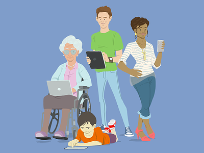 People First child cons grandma illustration ipad jeans laptop man mobile vibrant woman