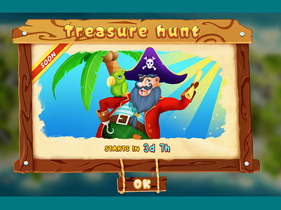 pirate event ad screen in match-3 mobile game 2d 2d game art art artwork character design design game art game interface game ui illustration interface match 3 mobile game ui ui design ux