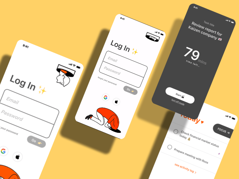 Productivity App with To-do list and Work Interval animation graphic design illustration mobile mobile app orange productivity ui vector