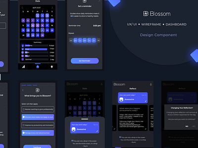 Blossom app blue branding dark dark app dark theme gradient icon illustration logo mobile ui ui user interface ux