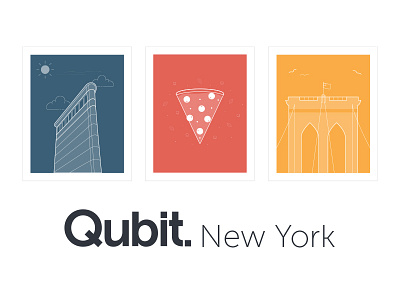 Qubit NYC sign branding brooklyn bridge clouds flatiron building illustration new york pizza sun