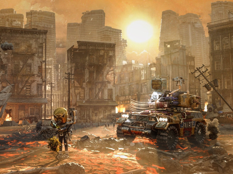 New Life_Apocalyptic Robot fog smoke lava damaged houses 3d tank robot apocalypce apocalyptic