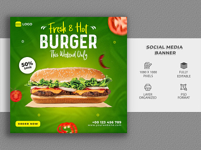 Fresh Hot Burger Social Media Template Design facebook cover banner