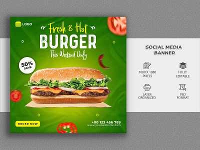 Fresh Hot Burger Social Media Template Design