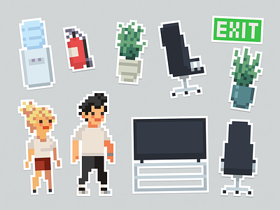 office • pixel art • sticker pack art board chair character cooler exit fire extinguisher illustration office pack pixel plants print sign sticker tv water