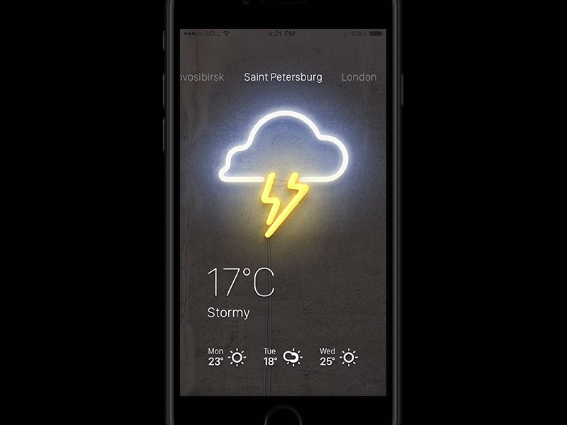 Neon Weather UI animation cloudy degrees lightning neon principle rain stormy sunny temperature weather