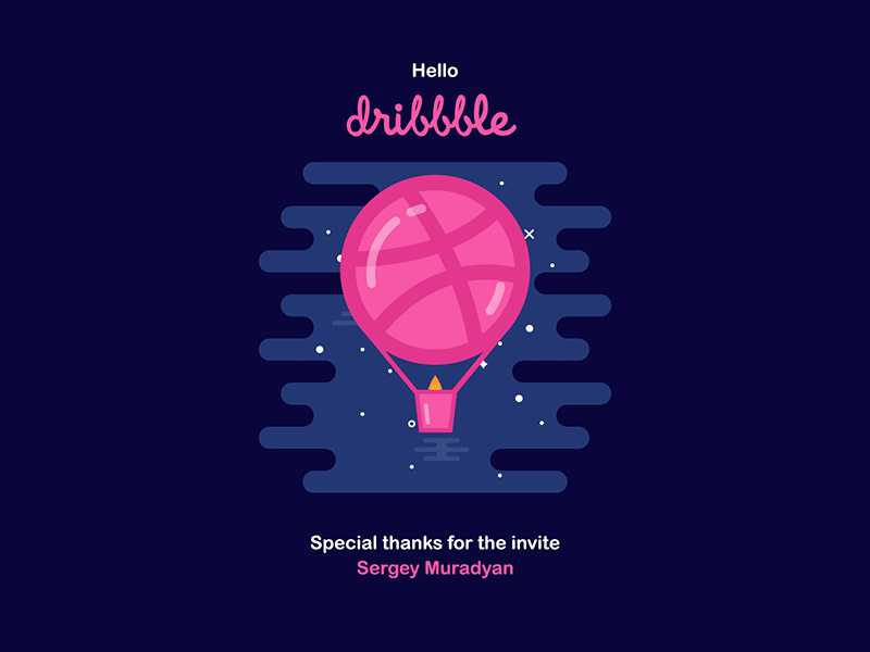 Hello Dribbble! air balloon dribbble dribbble invite dribble flat design hello dribbble mojobees night pink