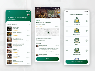 Coffee app app coffee concept design map mobile ordering rating redesign ui