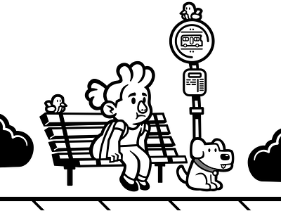 Waiting For The Bus bench bird birds bus dog for girl illustration pup puppy stop waiting