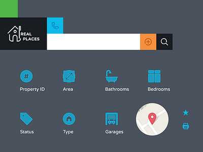 Icons For Real Places -Wordpress Real Estate Theme area bathrooms bedrooms estate favorite garages pin print property id search status type