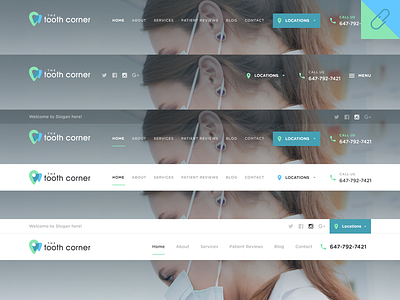 Tooth Corner Website Header Design Variation dental design header menu navigation social icons tooth website