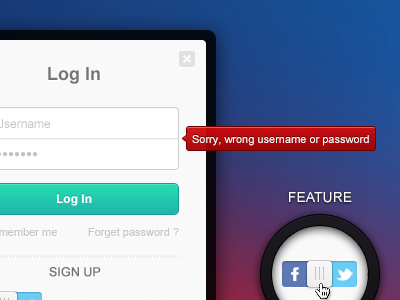 Log In And Sign Up Boxes graphicriver photoshop login signup buttons checkbox ui dark facebook form light social login normal red hover active close twitter password username