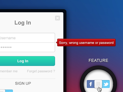 Log In And Sign Up Boxes active buttons checkbox close dark facebook form graphicriver hover light login normal password photoshop red signup social login twitter ui username