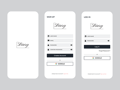 Log in/Sign up- Diary App | 001 DailyUI app dailyui design diary log in register sign up ui ux