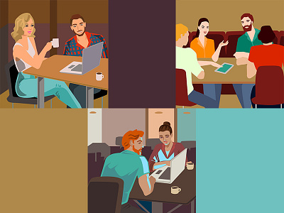 Vector hipster business illustrations caffe chat. business hipster illustration meeting modern people vector work