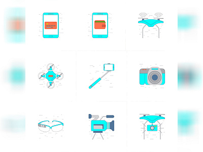 Techology icons camera drone icons mobile monopad outline pay photo quadrocopter technology thin. line wallet