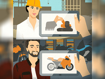 Social marketing art building comic construction facebook flat illustration man moto motorcycle people woman