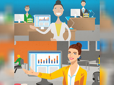 Commerce illustrations on different styles ad art business chart computer drawing facebook illustrations monitor showing vector woman