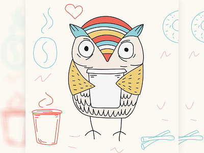 Owl illustration cafe cartoon coffee coffeetogo cup drink lines mascot outline owl store