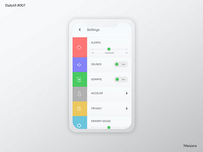 Daily UI #007 - Settings alerts colorful dailui daily ui dailyui007 flat interace material minimal mobie mobileapp mobileappdesign screens settings settings page simple sounds ui uiux ux