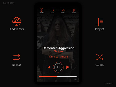 Daily UI #009 - music player appdesign black daily ui dailyui dailyui009 dark death flat icons interface metal music music app player player ui red rock typography ui ux