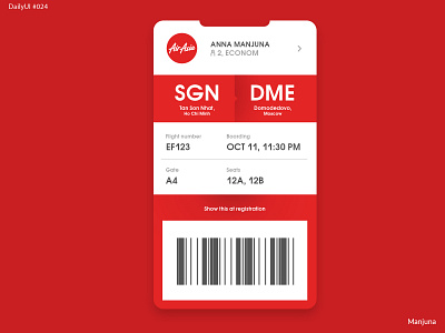 Daily UI #024 - Boarding Pass air asia app concept asia boarding boardingpass daily ui daily ui 024 dailyui dailyui 024 design flat flight flight app flight booking interface mobile app mobile app design red ui ux